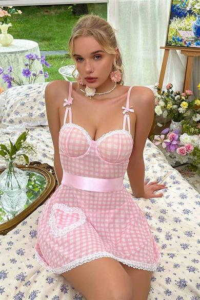 Bella Notte Toz Pembe Pötikareli Kuşak Detaylı Fantezi Gecelik 15717