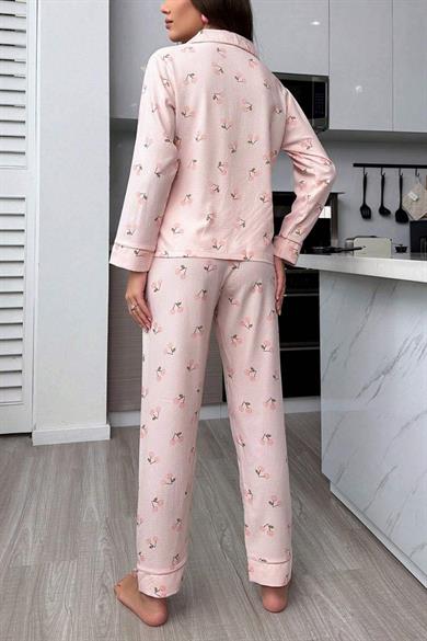 Bella Notte Toz Pembe Sonbahar Kirazları Soft Pijama Takımı 7039