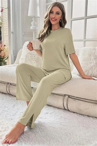 Bella Notte Viskon Mint Yeşili Yırtmaç Detaylı İkili Takım 7017