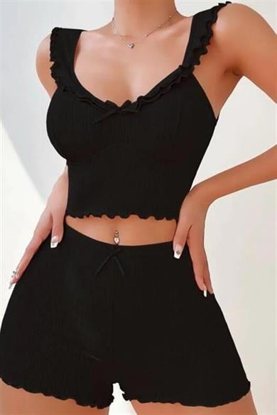 Bella Notte Viskon Siyah Valonlu Şortlu Takım 7505