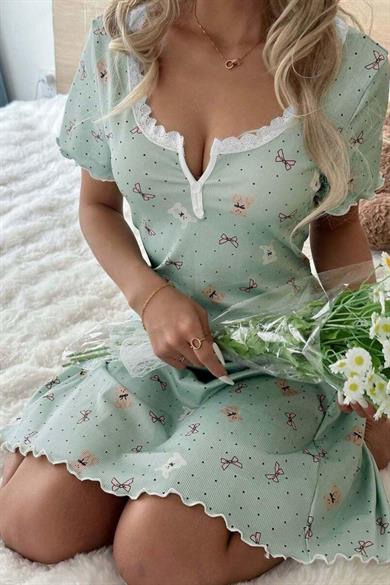 Bella Notte Yeşil Ayıcık ve Fiyonk Desenli Mini Ev Giyim Gecelik 15997