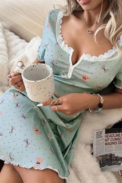 Bella Notte Yeşil Ayıcık ve Fiyonk Desenli Mini Ev Giyim Gecelik 15997