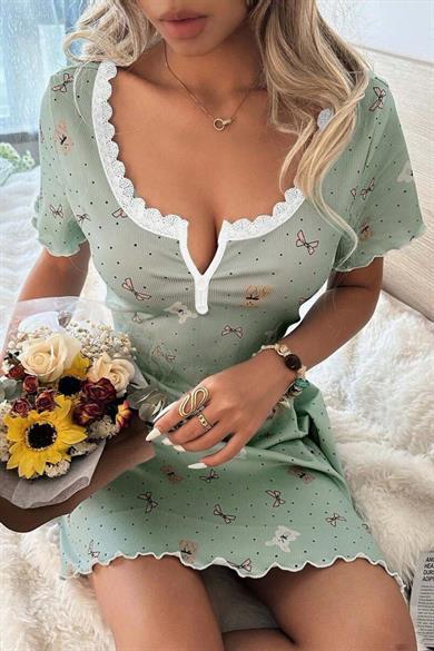 Bella Notte Yeşil Ayıcık ve Fiyonk Desenli Mini Ev Giyim Gecelik 15997