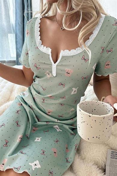 Bella Notte Yeşil Ayıcık ve Fiyonk Desenli Mini Ev Giyim Gecelik 15997