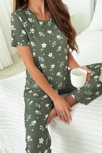 Bella Notte Yeşil Fitilli Floral Kısa Kollu Pijama Takımı 7303