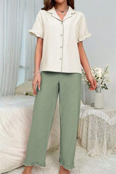 Bella Notte Yeşil Kruvaze Yaka Fırfır Detaylı Pijama Takımı 7023