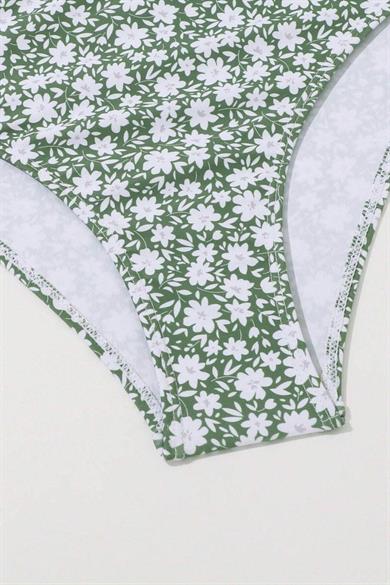 Bella Notte Yeşil Mini Papatya Desenli Etekli 3 lü Mayo Bikini Takım M-9013