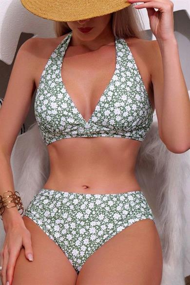 Bella Notte Yeşil Mini Papatya Desenli Etekli 3 lü Mayo Bikini Takım M-9013