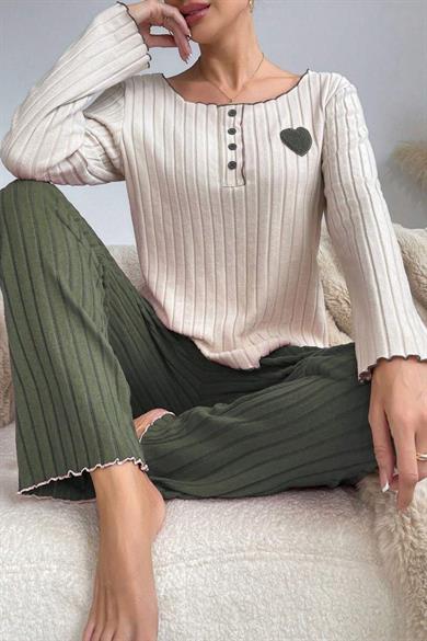 Bella Notte Yeşil Pamuklu Kalp Detaylı Pijama Takımı 7089