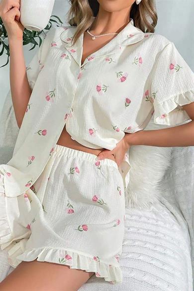 Bella Notte Ekru Desenli Düğmeli Şort Takım 7529