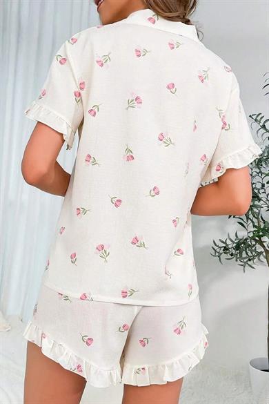 Bella Notte Ekru Desenli Düğmeli Şort Takım 7529
