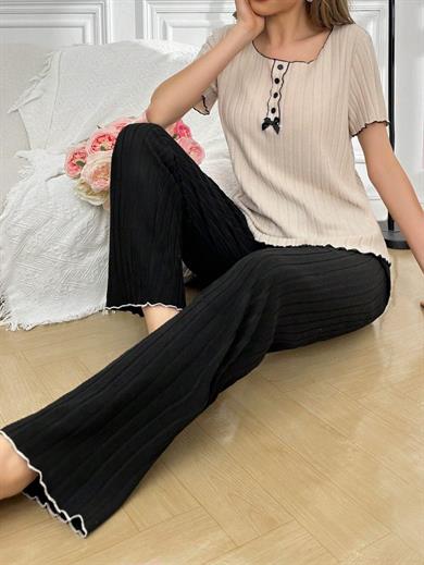 Bella Notte Siyah Kısa Kollu Kurdale Detaylı Pijama Takımı 7153