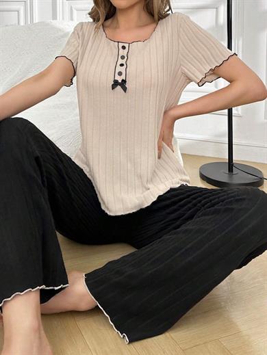 Bella Notte Siyah Kısa Kollu Kurdale Detaylı Pijama Takımı 7153