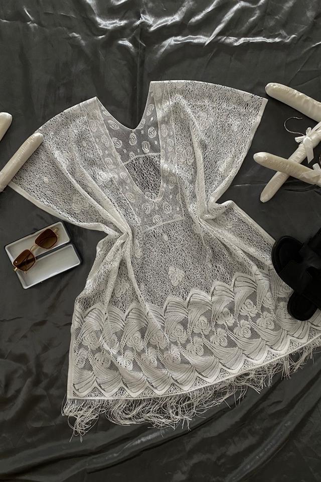 Bella Notte Beyaz Bikini ve Mayo Üstü Desenli Raşel Pareo Şalı P-9005