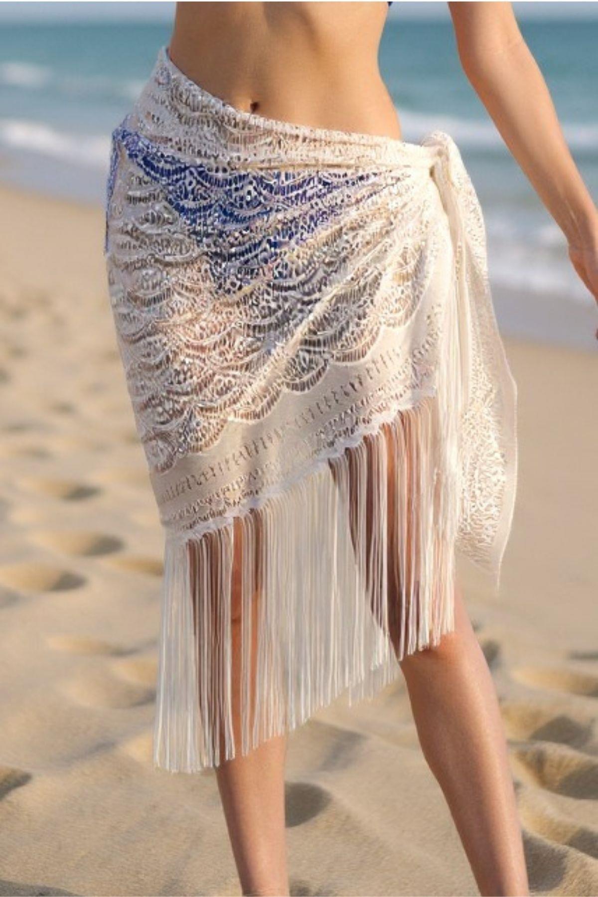 Bella Notte Beyaz Püsküllü Sarong Pareo P-3007