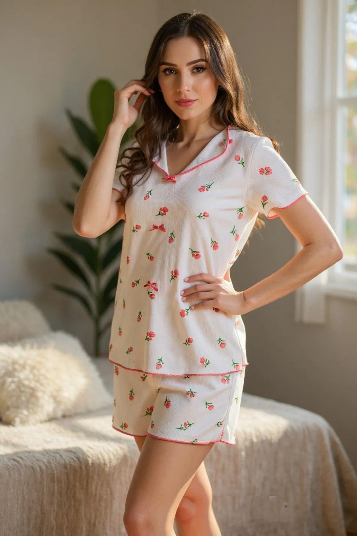 Bella Notte Ekru Çiçek Baskılı Kısa Kollu Şort Takım 7735