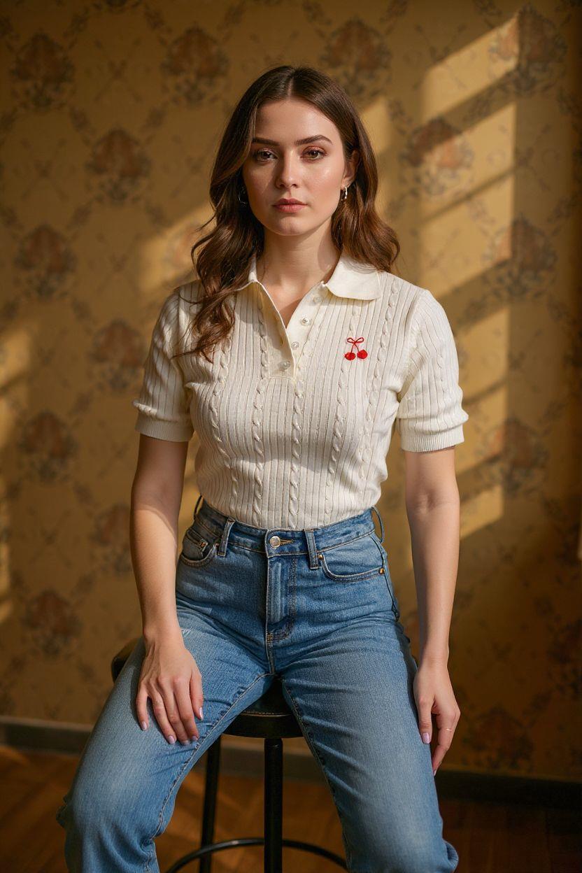 Bella Notte Ekru Kiraz Detaylı Örme Triko Bluz TR-1050