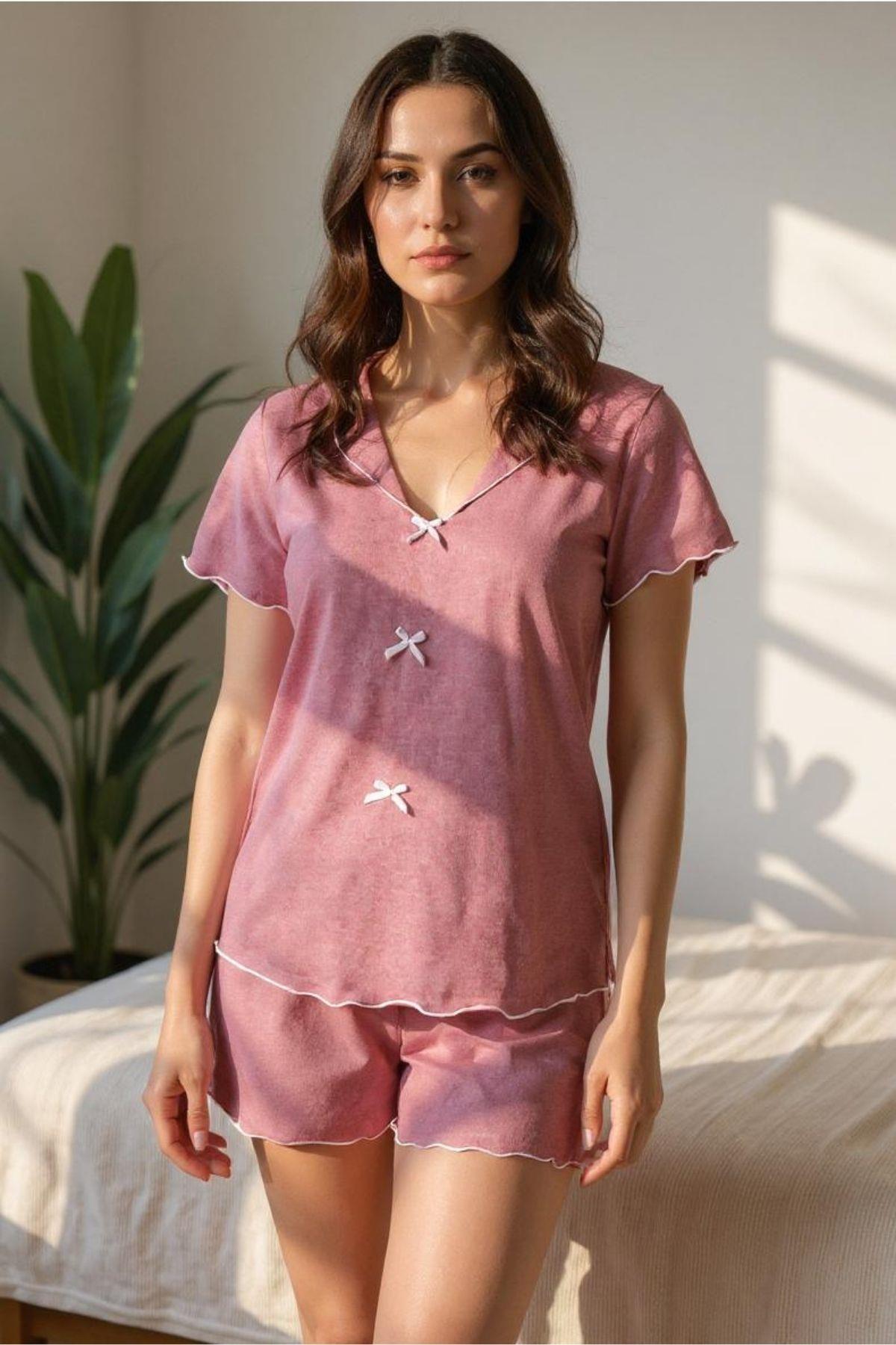 Bella Notte Gül Kurusu Pamuklu Şortlu Pijama Takımı 7733