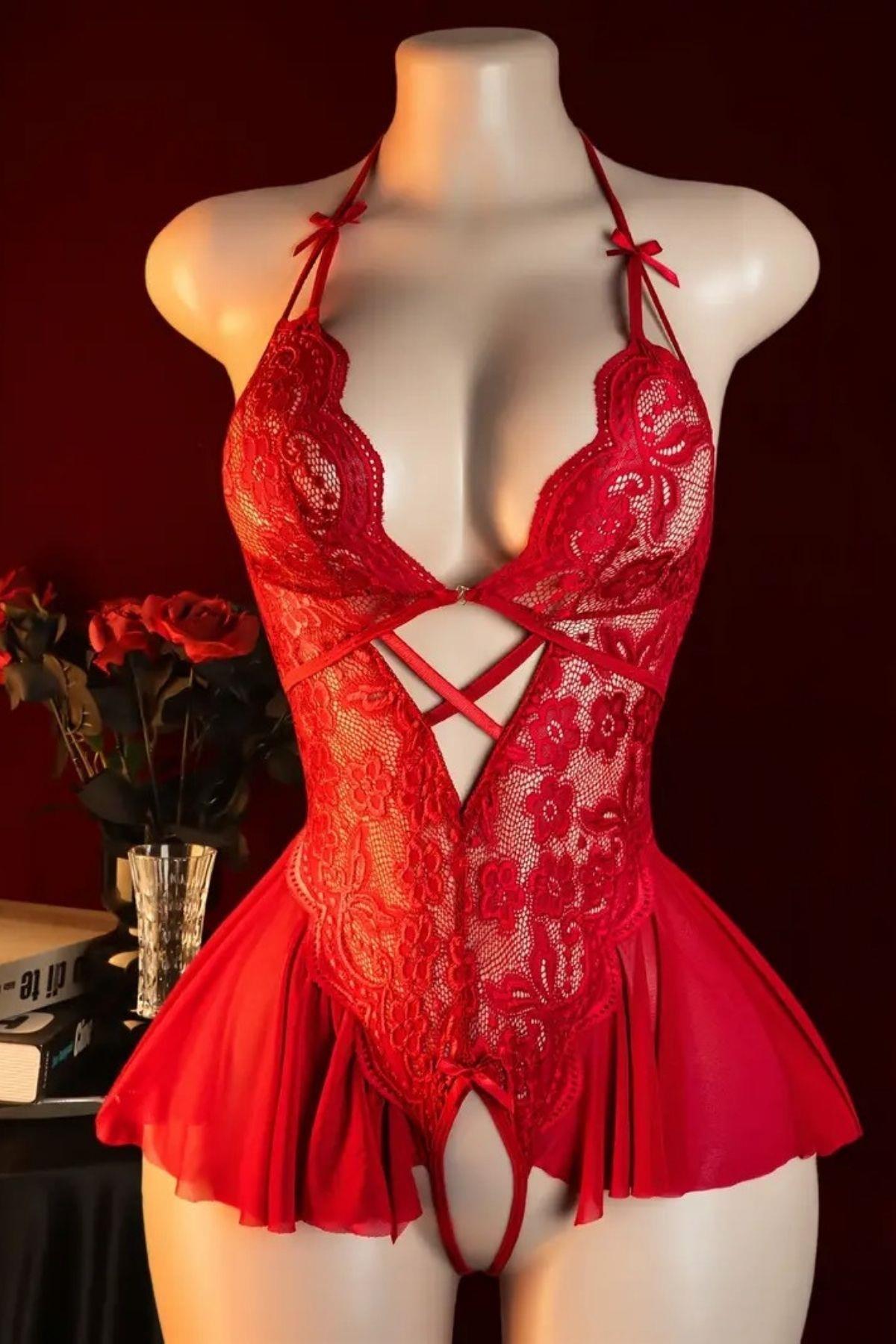 Bella Notte Kırmızı Özel Bölgesi Açık Fantezi Babydoll 15129