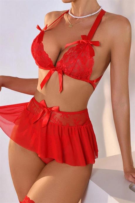 Bella Notte Kırmızı Yüksek Bel Etekli Takım 16066