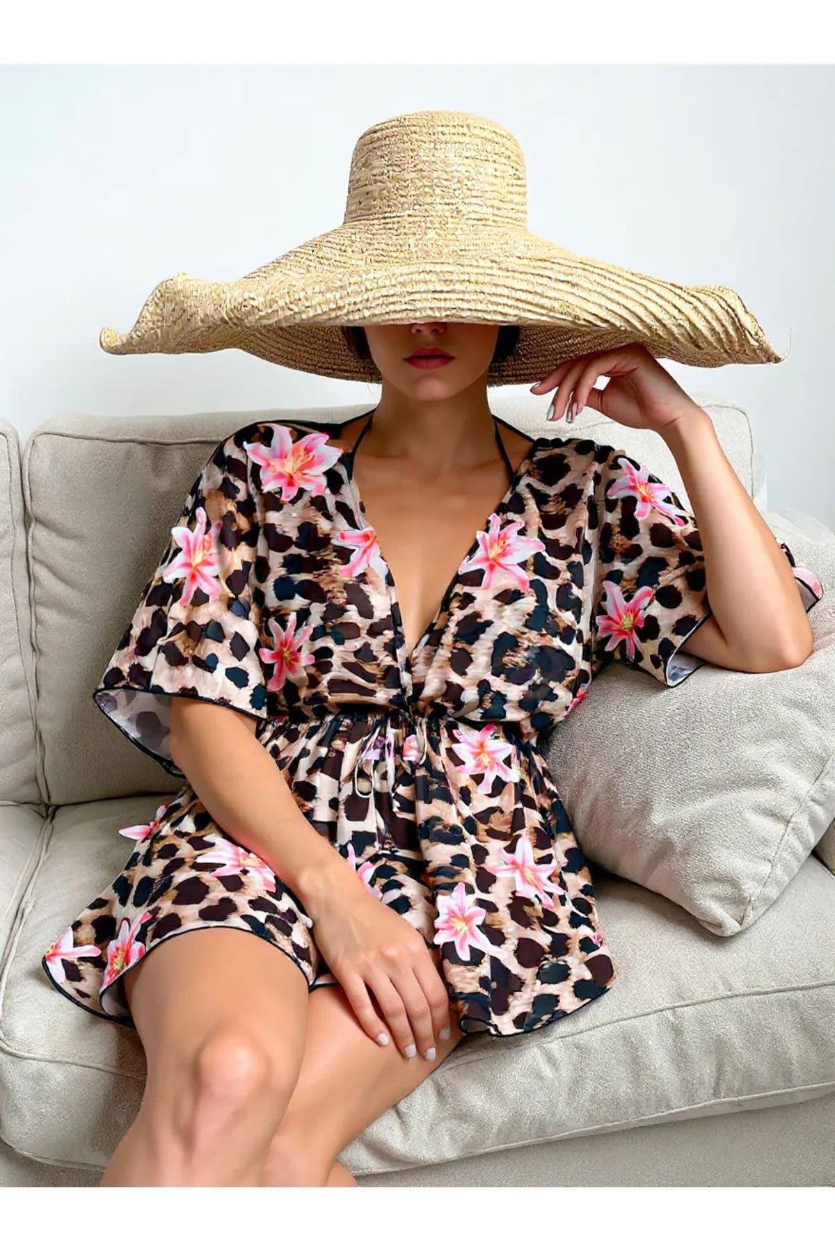 Bella Notte Leopar Desenli Bel Bağcıklı Pareo P-3003