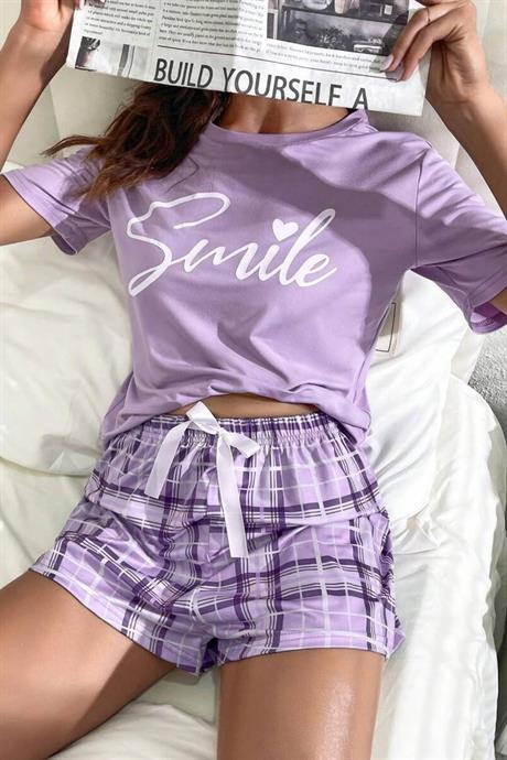 Bella Notte Lila Ekoseli Şort Takım 7530