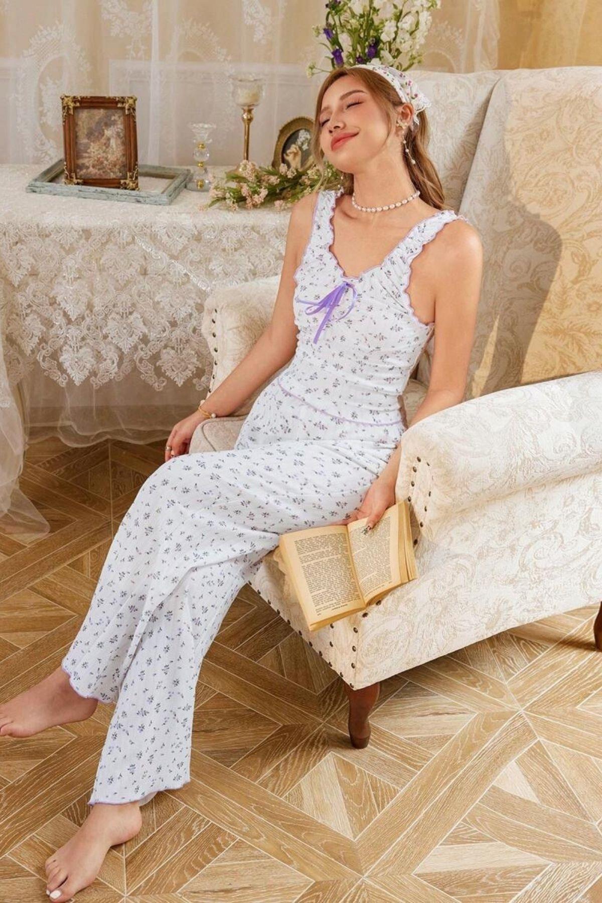 Bella Notte Lila Vintage Model Naif Pijama Takımı 7371