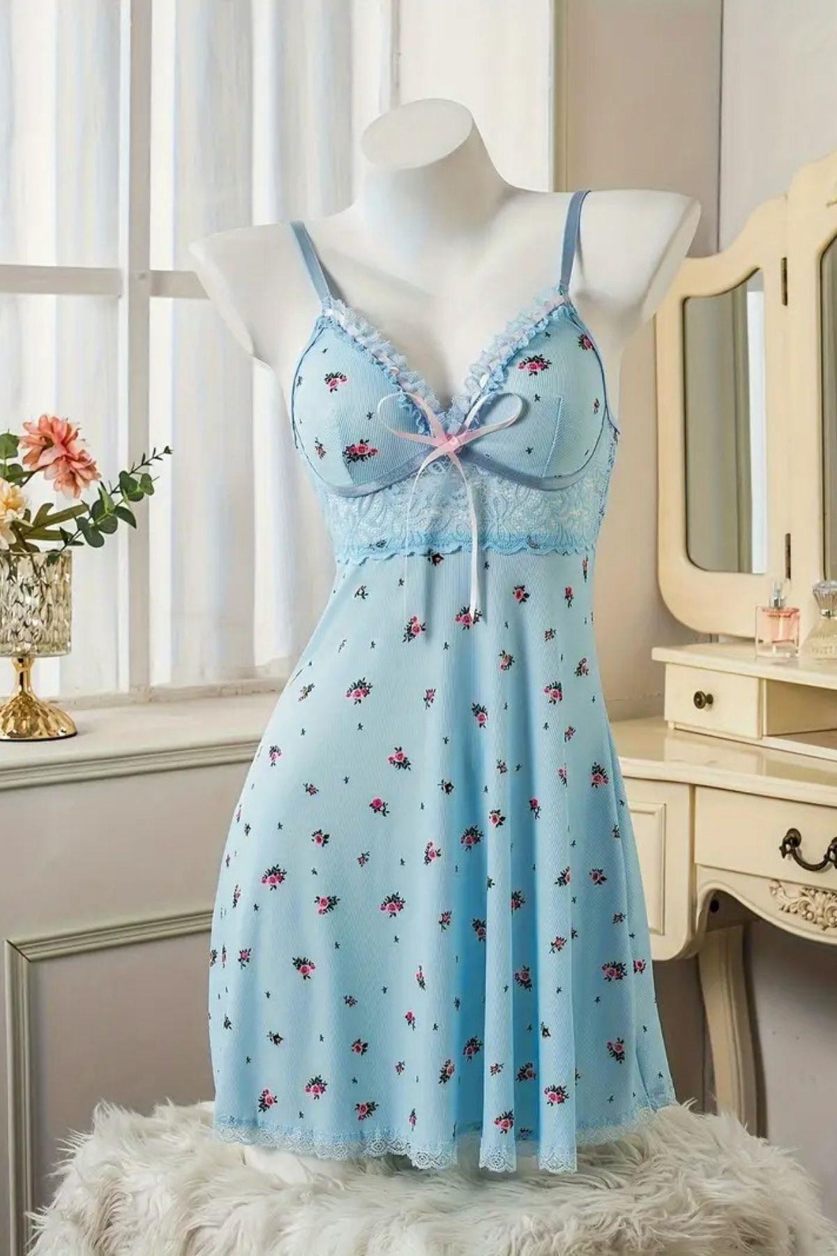 Bella Notte Mavi Çiçek Baskılı Dantel Detaylı Gecelik 31511