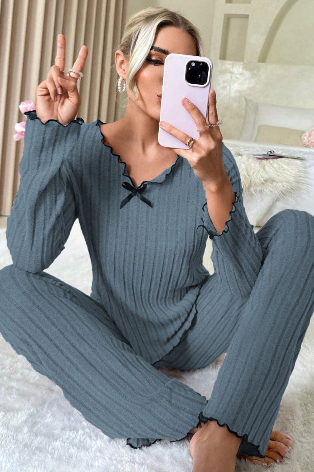 Bella Notte Mavi Uzun Kollu Pamuklu Pijama Takımı 7111