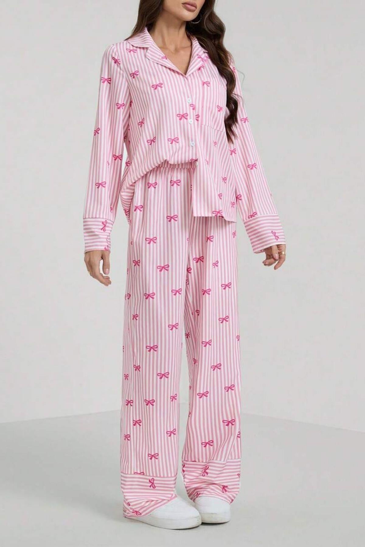 Bella Notte Pembe Fiyonk Baskılı Çizgili Pijama Takımı 77345