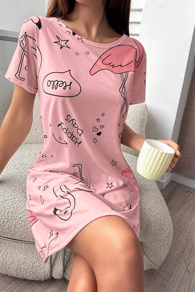 Bella Notte Pembe Flamingo Desenli Kadın Gecelik- Uyku Elbisesi 15726