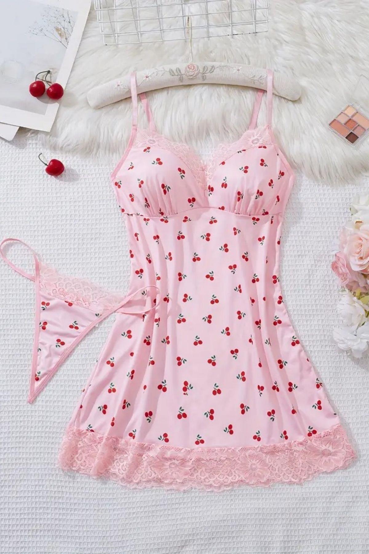 Bella Notte Pembe Kiraz Desenli Dantel Detaylı Mini Gecelik 31513