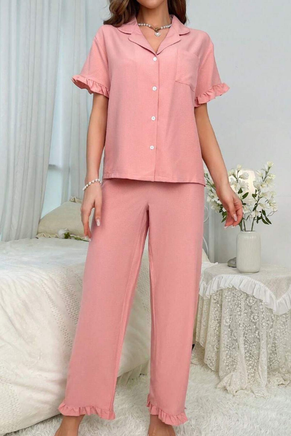Bella Notte Pembe Kruvaze Yaka Fırfır Detaylı Pijama Takımı 7361