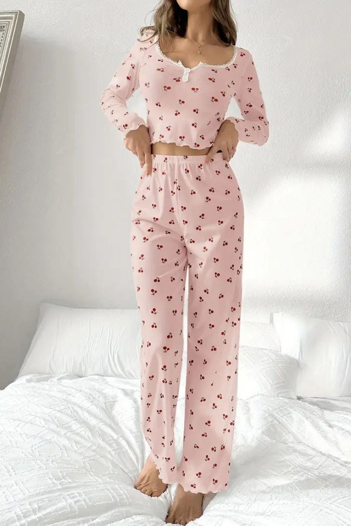 Bella Notte Pembe Pamuklu Kiraz Desenli Pijama Takımı 77153