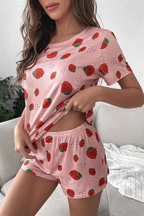 Bella Notte Pembe Tropikal Çilek Desenli Şort Takım 7535
