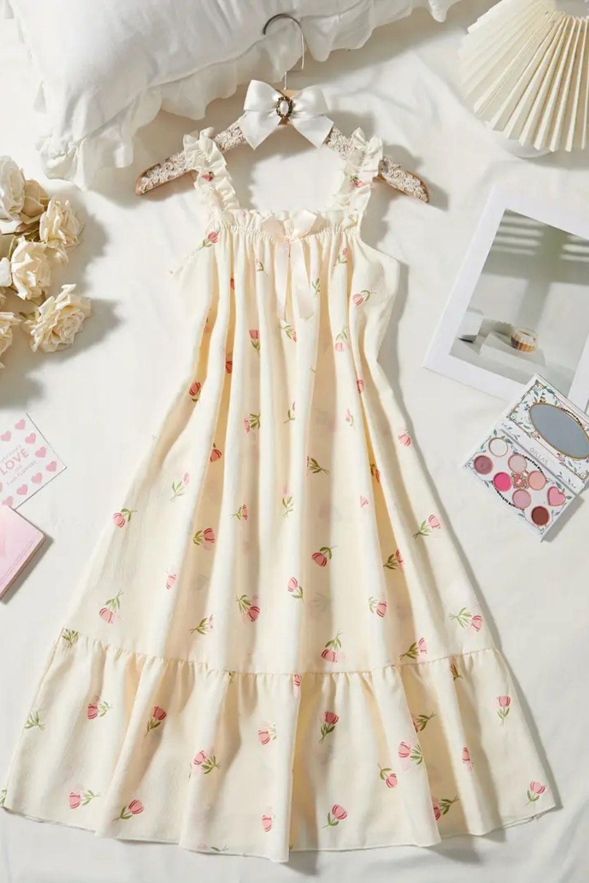 Bella Notte Sarı Lale Desenli Gecelik Elbise 35525