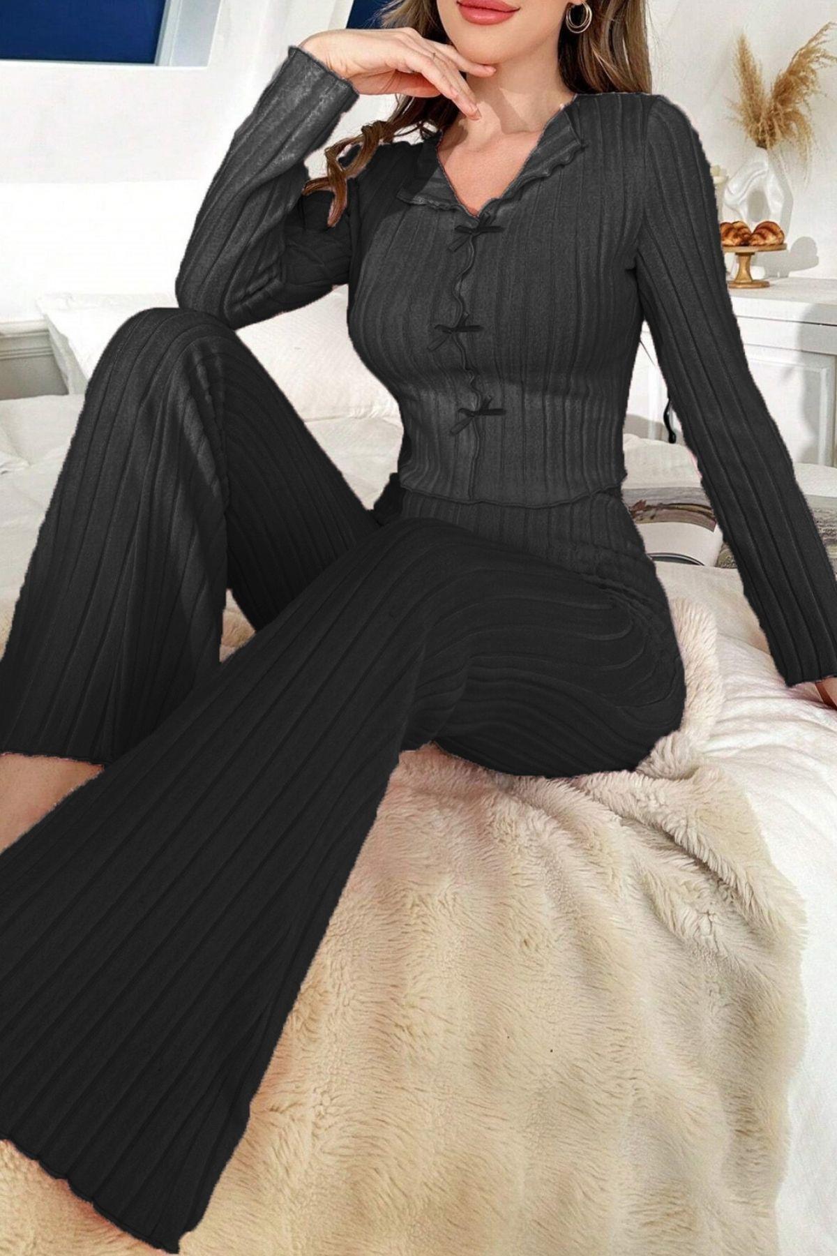 Bella Notte Siyah Fiyonk Detaylı Pamuklu Pijama Takımı 77301