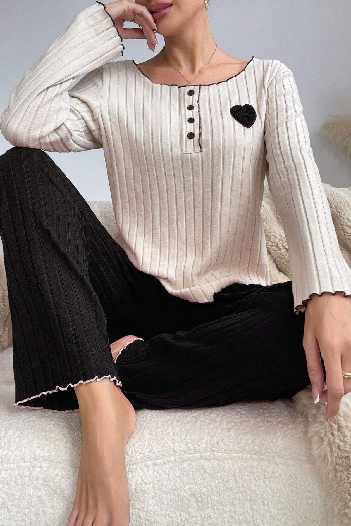 Bella Notte Siyah Pamuklu Kalp Detaylı Pijama Takımı 7157