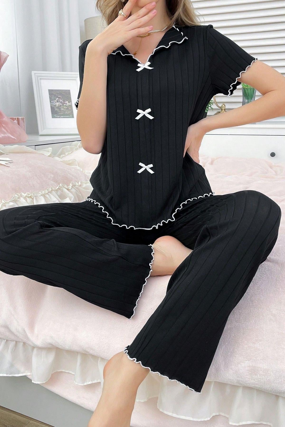 Bella Notte Siyah Rahat ve Şık Siyah Pamuklu Pijama Takımı 7121