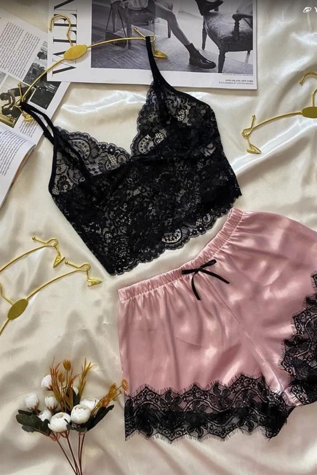 Bella Notte Somon Dantelli Zerafet İkili Saten Şort Takımı S-7522