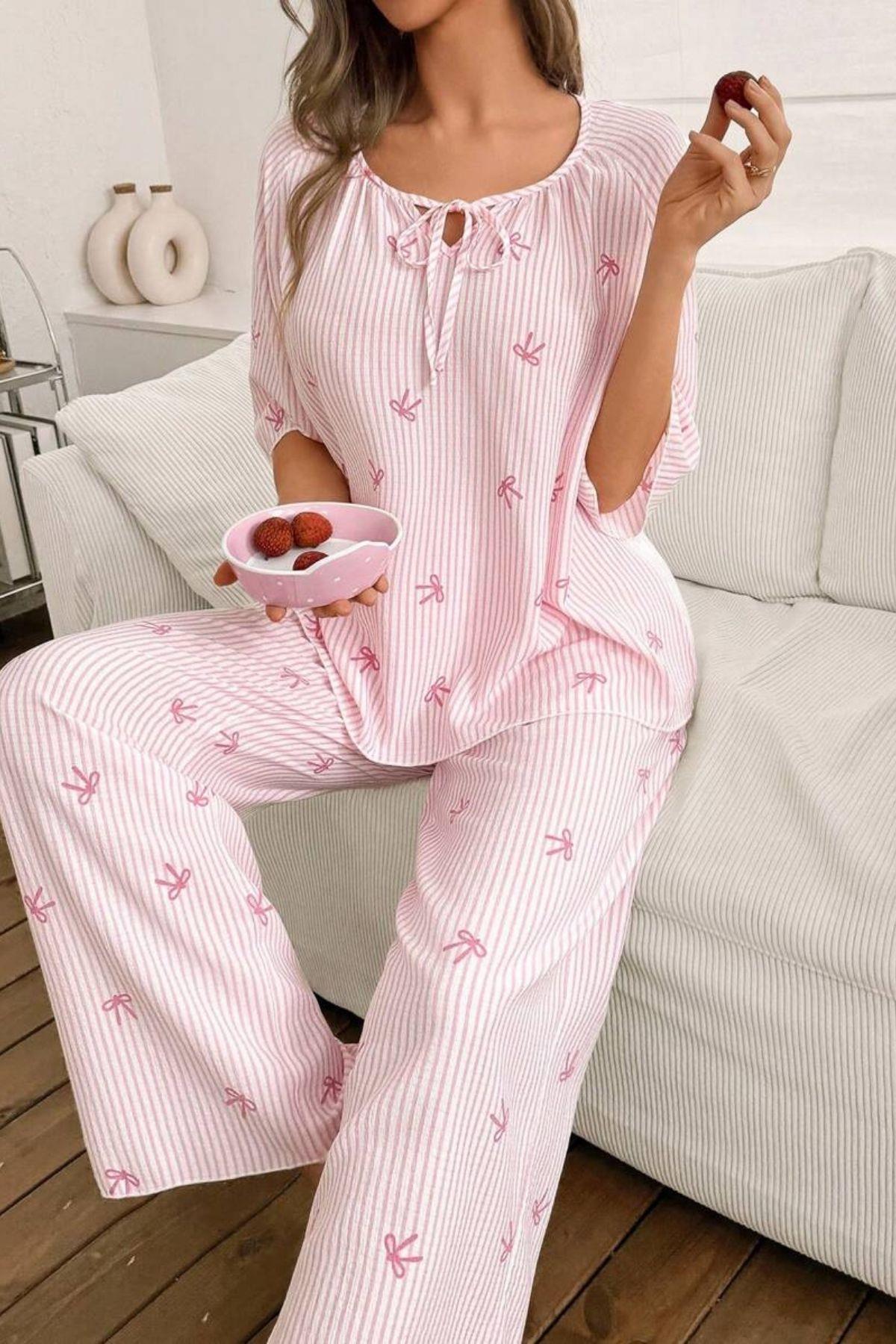 Bella Notte Toz Pembe Fiyon Baskılı Çizgili Pijama Takımı 7399