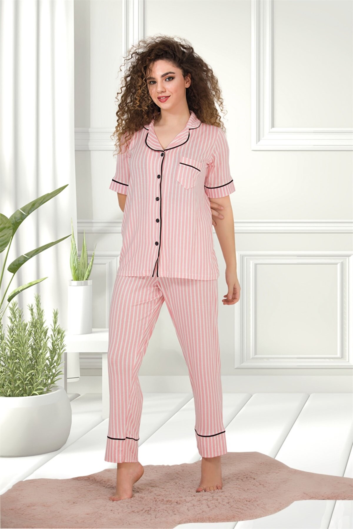 MyBen Kadın Pembe Renkli Pamuklu Likralı Düğmeli Çizgili Biyeli Kısa Kollu  Pijama Takımı 10065