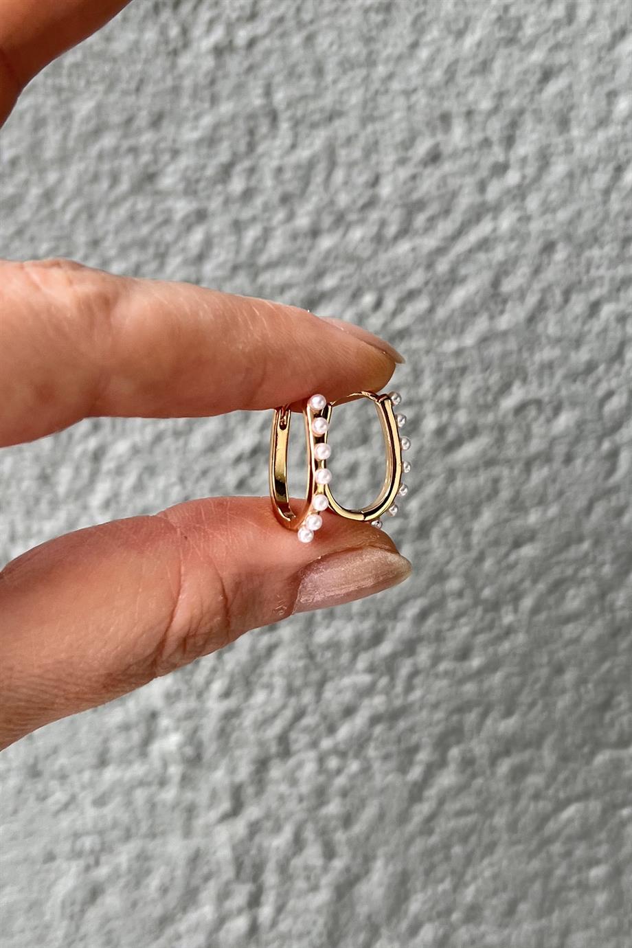 İncili Oval Küpe Çifti | Çelik