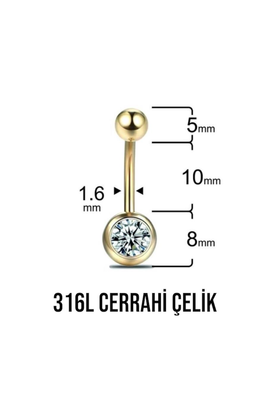 Tek Taş Altın Göbek Piercing 10 MM Cerrahi Çelik