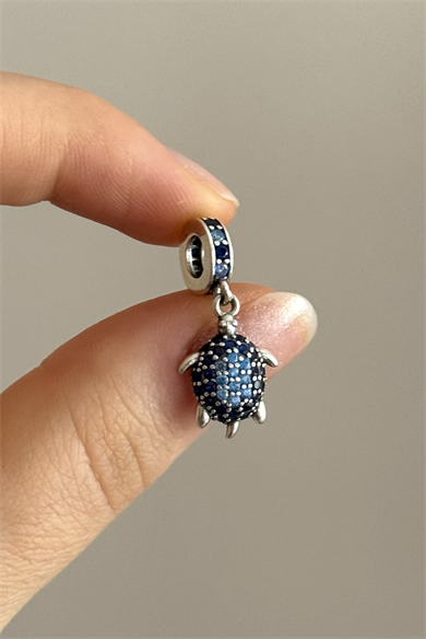 Mavi Taşlı Kaplumbağa Charm 925 Ayar Gümüş