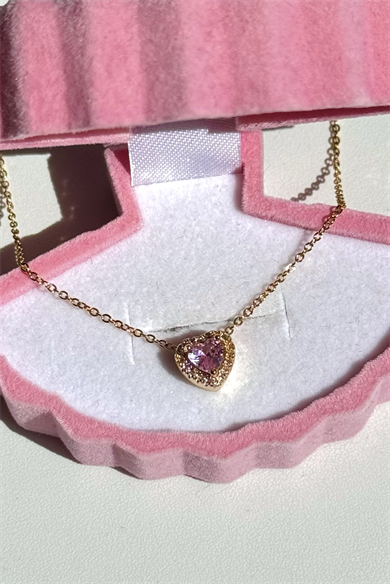 Mini Pembe Kalpli Kolye Çelik