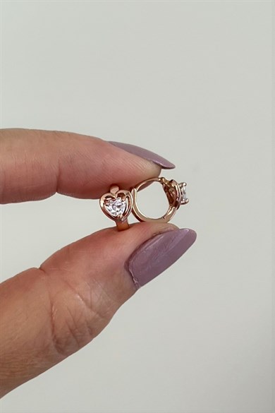 Mini Taşlı Kalp Detaylı Halka Küpe Çifti | Çelik