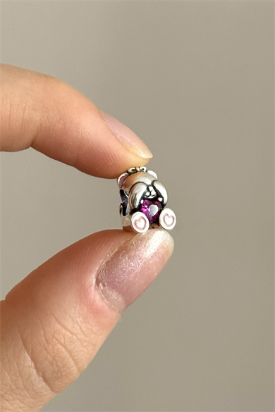 Pembe Taşlı Ayıcık Charm 925 Ayar Gümüş