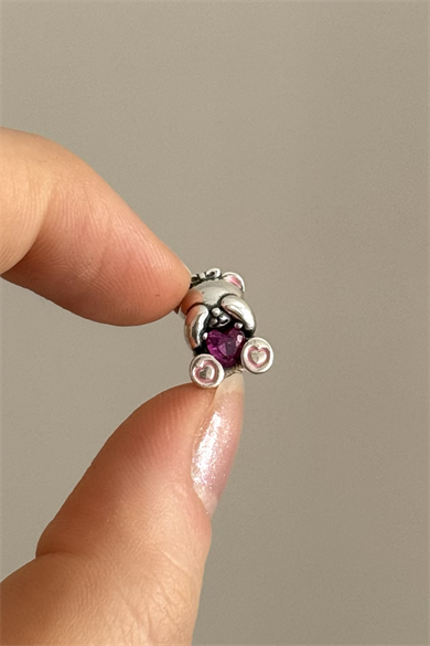 Pembe Taşlı Ayıcık Charm 925 Ayar Gümüş