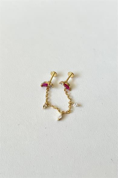 Pembe Taşlı Zincirli İkili Piercing | Cerrahi Çelik